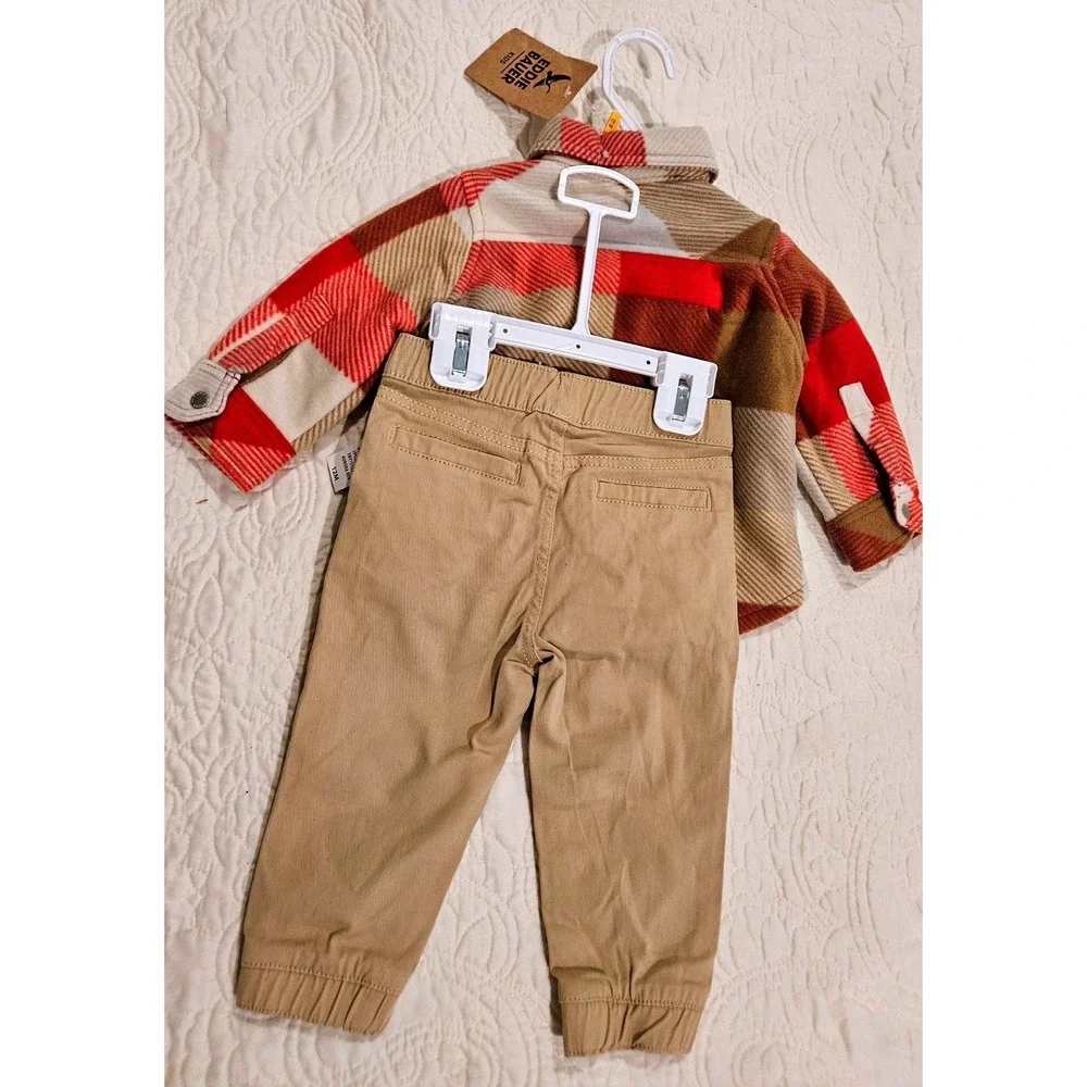 Eddie Bauer Baby‎ Boy 2PC Jogger Set Flannel Shirt and Pants Set Red Plaid 12M